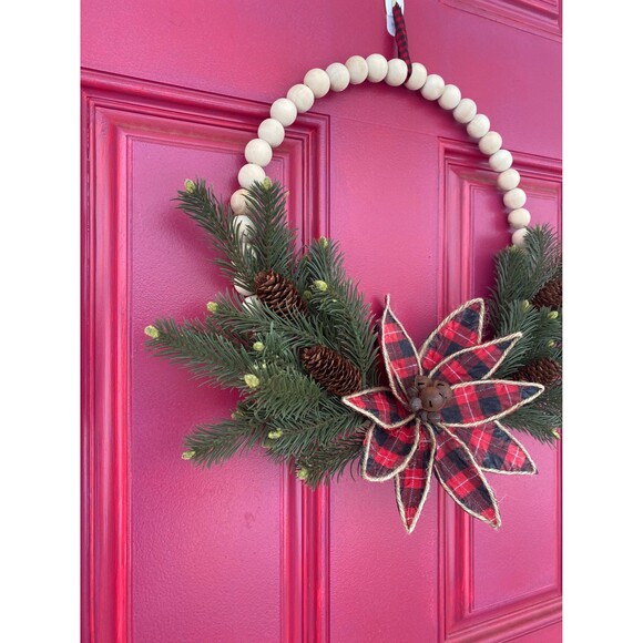 Plaid Christmas Beaded Wreath, Holiday Beaded Plaid Wreath, Bells, Pinecones - Picture 7 of 8